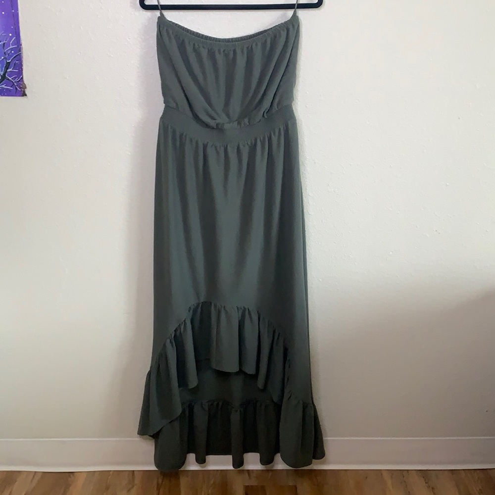 Strapless khaki green maxi dress